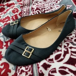 Black flats with gold buckles size 8